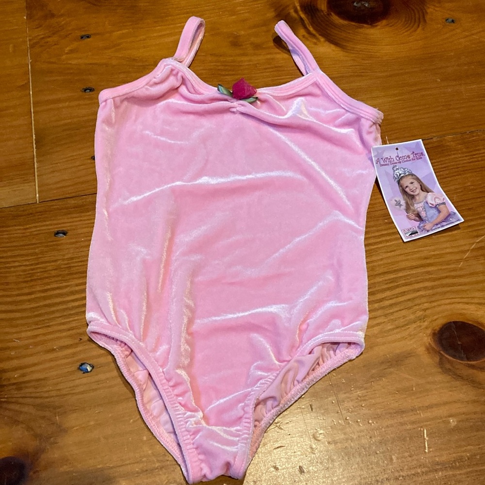 New! A WISH COME TRUE CL 12-14 Pink Velour Leotard Dane Gymnastics Bow